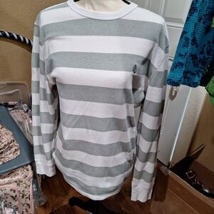 Volcom, White & Gray Striped Long Sleeve Shirt